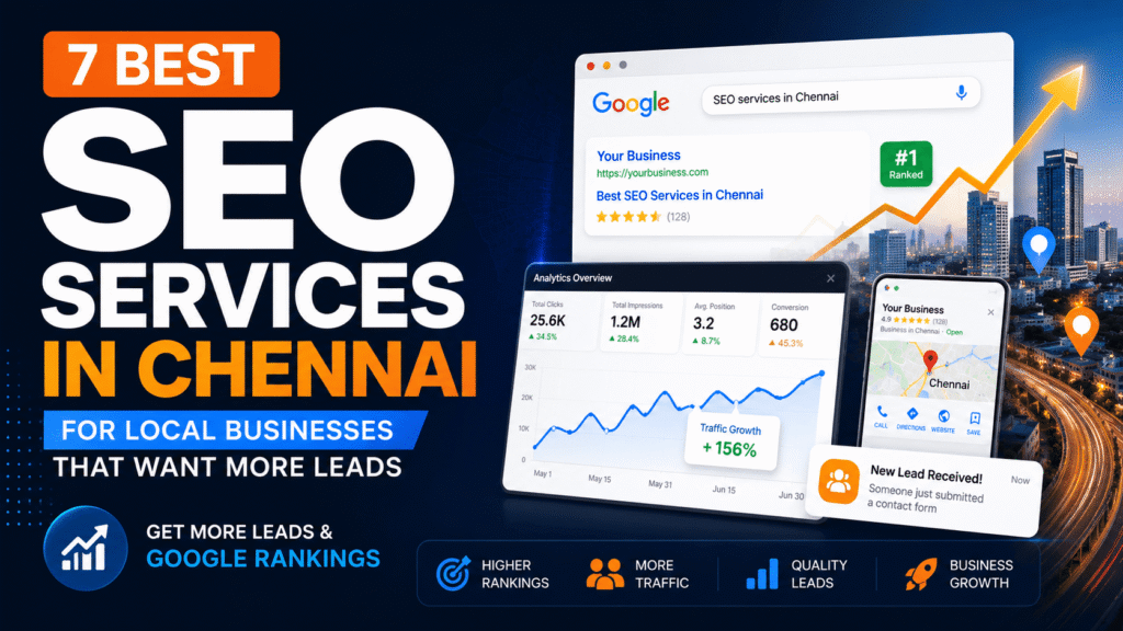 Best SEO services in Chennai featured image showing Google rankings, SEO analytics dashboard, local SEO maps, and business lead growth visuals.